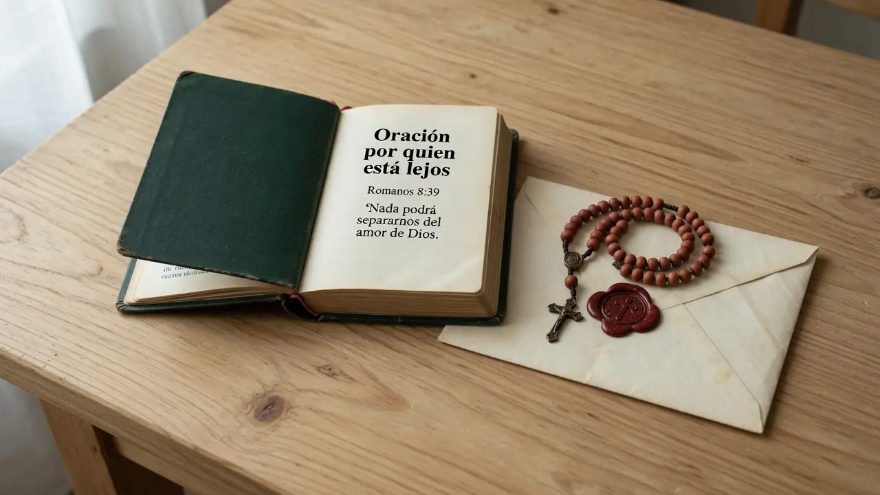Libro de oraciones en español abierto en una página con el título visible "Oración por quien está lejos" y el versículo de Romanos 8:39 en español: "Nada podrá separarnos del amor de Dios", junto al libro un sobre de carta cerrado con sello de cera y encima del sobre un rosario de cuentas pequeñas de color terracota, todo sobre una mesa de madera clara con luz natural entrando desde el lateral, sin figuras humanas, formato 16:9, atmósfera de conexión espiritual que no necesita proximidad física