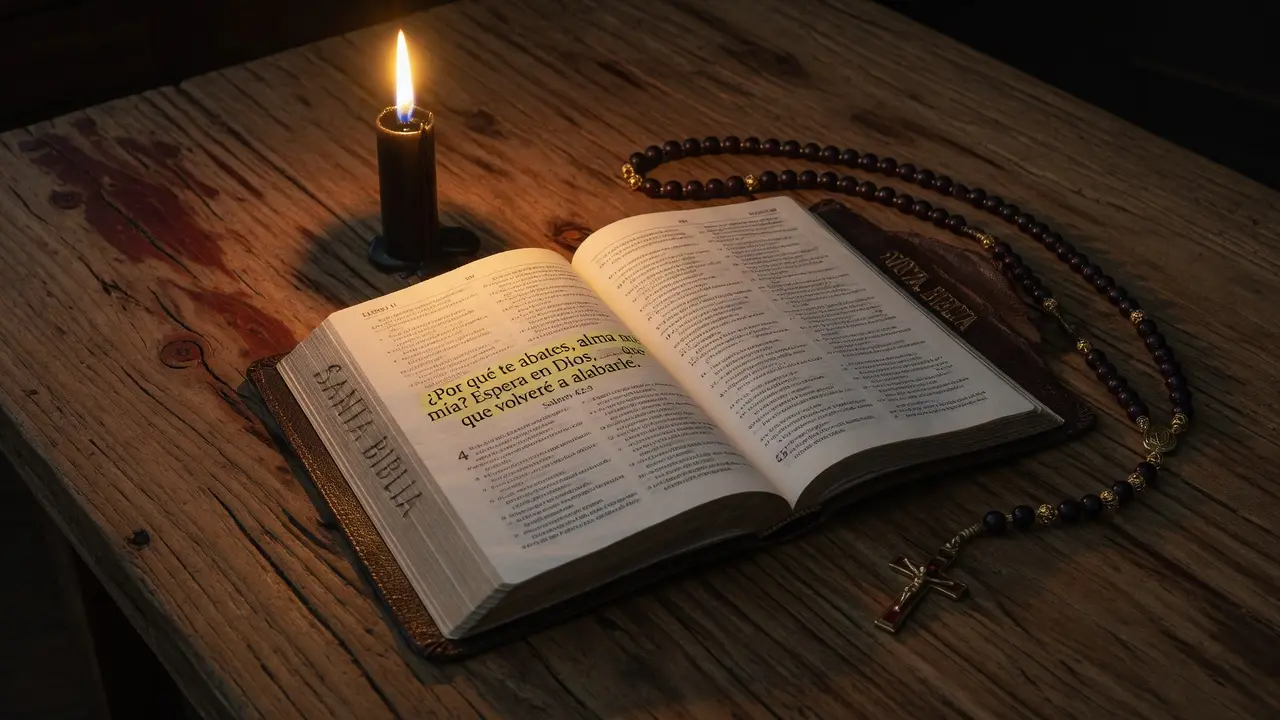 Biblia abierta en el Salmo 42 mostrando el texto en español con las palabras visibles "¿Por qué te abates, alma mía? Espera en Dios", junto a la Biblia una pequeña vela de cera negra encendida con llama dorada que contrasta con el color oscuro de la cera, y un rosario de cuentas granate oscuro enrollado con naturalidad al lado, mesa de madera rústica oscura, luz cálida dorada de la vela dominando la escena, formato 16:9, sin figuras humanas, atmósfera de paciencia interior en el momento del abatimiento