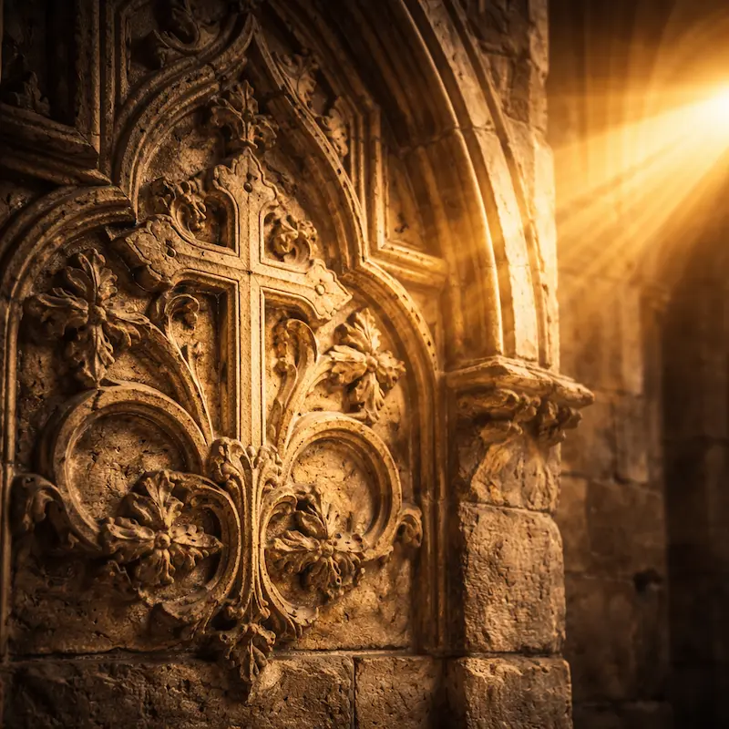 Interior de una iglesia antigua con luz de velas y pinturas sacras en los muros, espacio de oración y arte al servicio de la fe