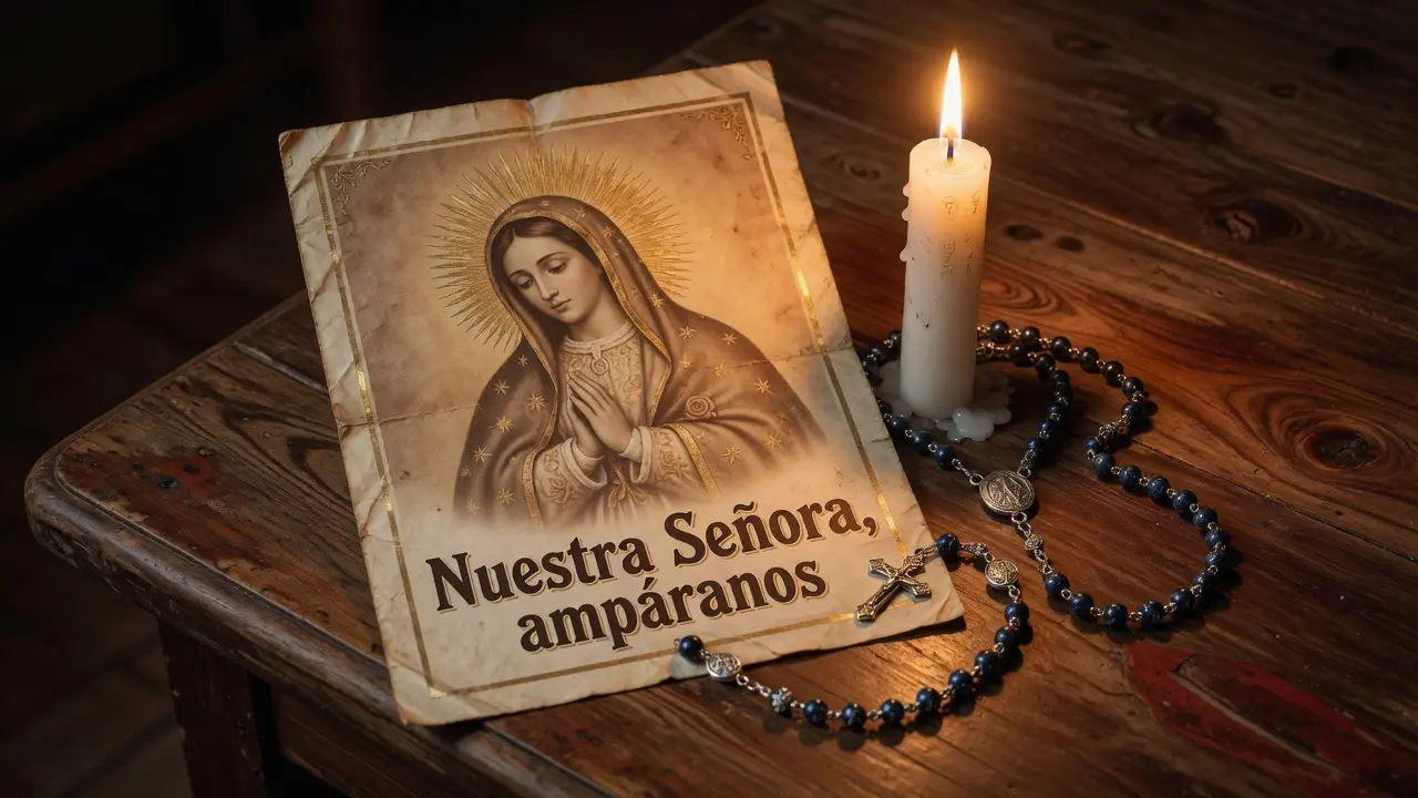 Estampa de papel crema con imagen de la Virgen María en tonos sepia apoyada contra una vela encendida de cera blanca sobre una mesita de madera oscura, junto a la estampa un rosario de cuentas azul oscuro enrollado suavemente, la llama de la vela proyecta luz dorada sobre la imagen y sobre el texto en la base de la estampa que dice en español "Nuestra Señora, ampáranos", penumbra suave y cálida alrededor, formato 16:9, sin figuras humanas, atmósfera de amparo en la desconexión