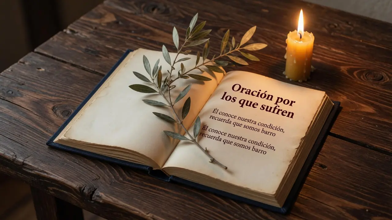 Libro de oraciones en español abierto en una página donde se lee claramente el título "Oración por los que sufren" seguido del versículo del Salmo 103 en español: "Él conoce nuestra condición, recuerda que somos barro", junto al libro una ramita de olivo seca con hojas pequeñas apoyada sobre las páginas, una vela de cera de abeja dorada encendida al lado proyectando luz cálida, mesa de madera oscura con veta visible, formato 16:9, sin figuras humanas, atmósfera de reconocimiento de la fragilidad humana acogida por la misericordia divina