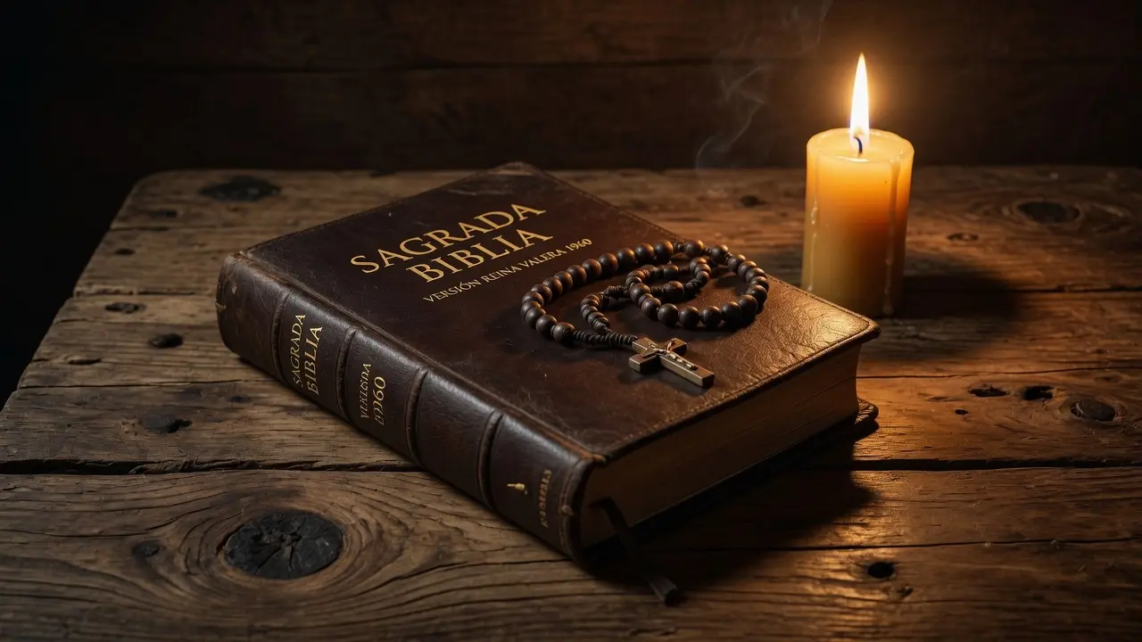 Biblia de tapa oscura en cuero cerrada sobre una mesa de madera rústica guatemalteca, encima de la Biblia un rosario de cuentas de madera oscura enrollado con cuidado, junto a ellos una vela de cera natural encendida con llama tranquila, el lomo de la Biblia muestra en letras doradas en español "Sagrada Biblia", todo sobre una superficie de madera con veta visible, penumbra cálida dorada alrededor, formato 16:9, sin figuras humanas, atmósfera de presencia divina que no abandona aunque no se sienta