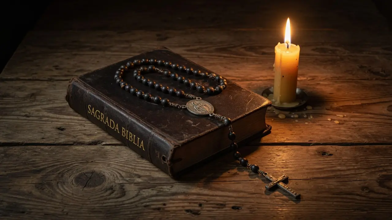 Rosario de cuentas oscuras desgastadas con una medalla de la Virgen María visible, extendido sobre una Biblia cerrada de tapa oscura, junto a una vela de cera natural encendida con llama tranquila, todo sobre una mesa de madera rústica guatemalteca, luz cálida dorada de la vela iluminando las cuentas, texto en el lomo de la Biblia visible en español que dice "Sagrada Biblia", formato 16:9, atmósfera de ancla espiritual en el momento más oscuro