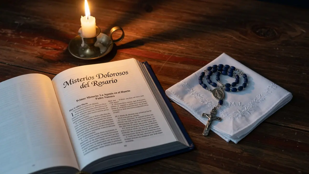 Libro de oraciones en español abierto en una página titulada "Misterios Dolorosos del Rosario" con el texto visible, junto a él un pañuelo de tela blanca doblado con cuidado y un rosario de cuentas de color azul oscuro enrollado suavemente encima del pañuelo, vela encendida al fondo proyectando luz dorada, mesa de madera oscura, formato 16:9, atmósfera de espacio seguro para lo que necesita soltarse