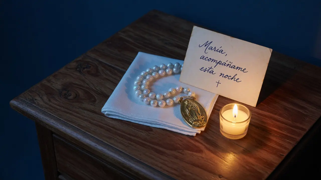 Rosario de cuentas de nácar blanco con medalla dorada de la Virgen María enrollado sobre un pañuelo de lino blanco doblado en una mesita de noche de madera oscura, junto a él una tarjeta pequeña de papel crema con texto en español escrito a mano que dice "María, acompáñame esta noche", la única luz es la de una vela de cera votiva muy pequeña encendida que proyecta un círculo de luz dorada cálida sobre la escena, el fondo en penumbra profunda azul oscuro nocturno, formato 16:9, sin figuras humanas, atmósfera de compañía mariana en la noche más larga