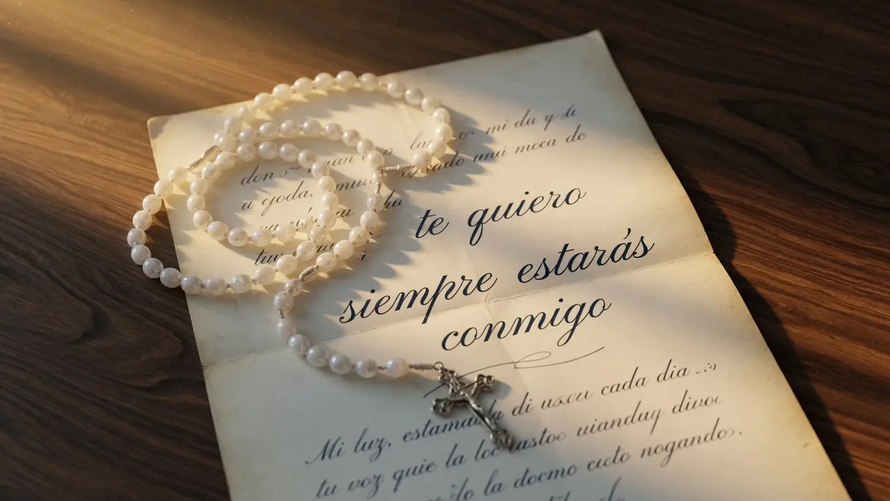 Rosario de cuentas blancas enrollado con cuidado sobre una carta manuscrita en español con letra clara y serena, la carta visible pero sin texto completamente legible salvo algunas palabras como "te quiero" y "siempre", luz cálida lateral suave, mesa de madera con textura visible, formato 16:9, atmósfera de amor que persiste más allá de las palabras