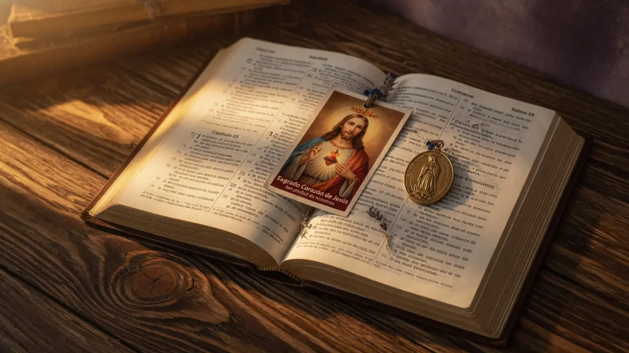 Biblia abierta en el libro de los Salmos con una pequeña estampa del Sagrado Corazón como marcador entre las páginas, luz cálida dorada viniendo desde la izquierda, superficie de madera oscura, ambiente de oración íntima y silenciosa, formato 16:9