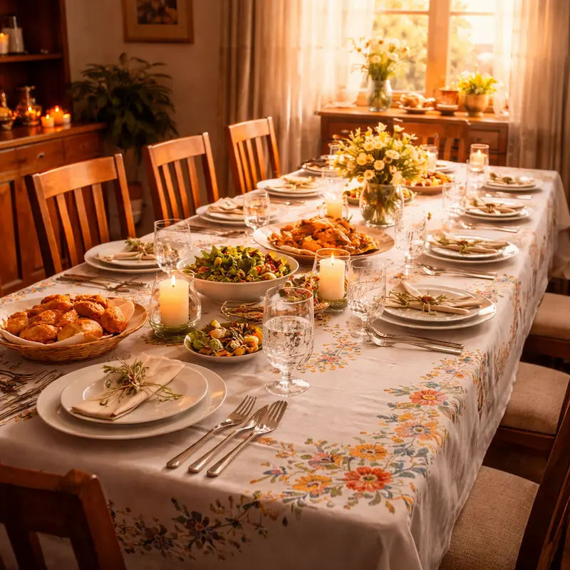 Mesa de cocina con mantel bordado, platos servidos y luz dorada de mediodía, símbolo del almuerzo dominical que ella preparaba para todos sus hijos