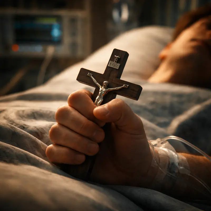 Un Rosario y medallas doradas bajo una luz cálida simbolizando el sacrificio de Pablo David