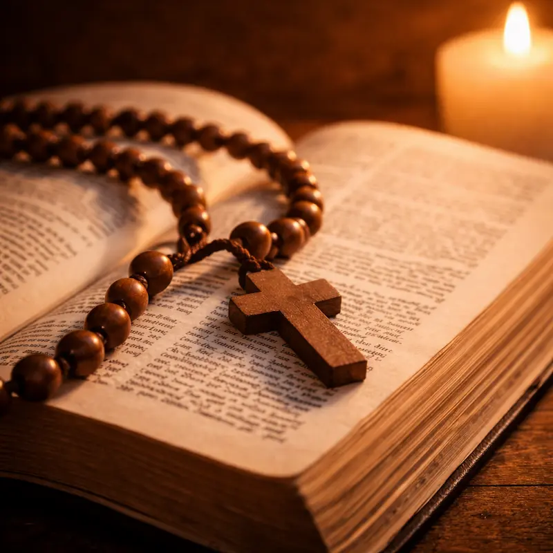 Rosario de madera sobre una Biblia abierta con luz cálida de vela, símbolo de un padre que rezaba y leía la Palabra hasta el final de sus días