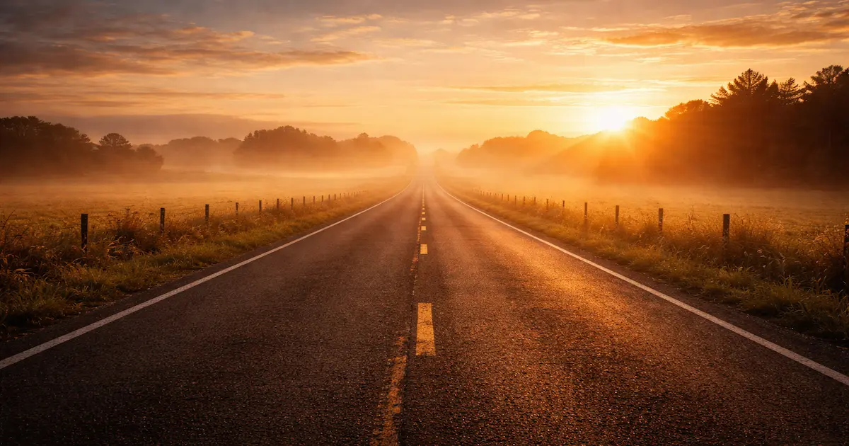 Camino largo al amanecer con luz dorada en el horizonte, símbolo de un hombre que pasó su vida en el camino y al final llegó a casa