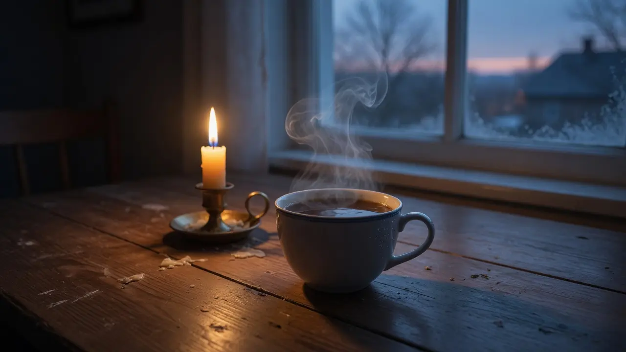 Vela encendida sobre una mesa junto a una taza humeante en penumbra matutina, luz muy suave azulada volviéndose dorada, ambiente de amanecer íntimo