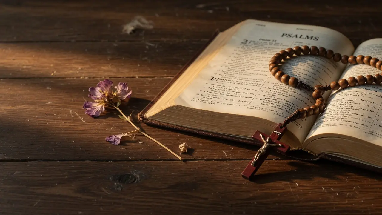Rosario de madera sobre una Biblia abierta en página de Salmos, luz cálida lateral, mesa de madera oscura, ambiente de oración íntima y contemplativa, formato 16:9