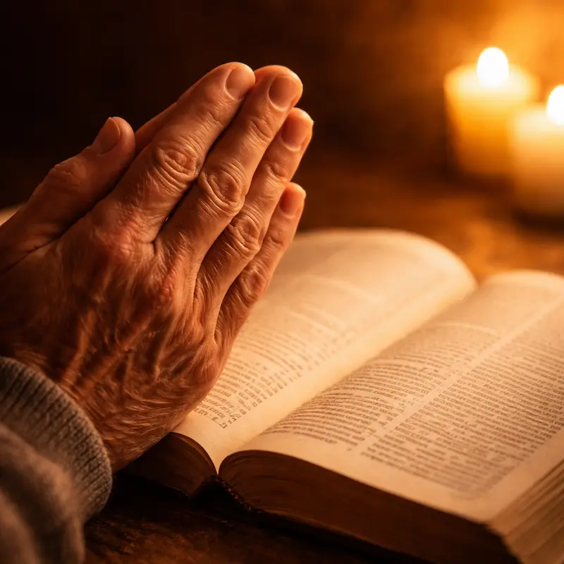 Manos en oración juntas sobre una mesa con luz de vela, imagen de la oración perseverante de la novena