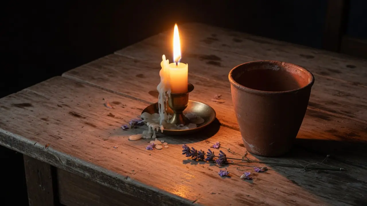 Vela encendida junto a una taza de barro vacía sobre mesa de madera, luz cálida y tenue