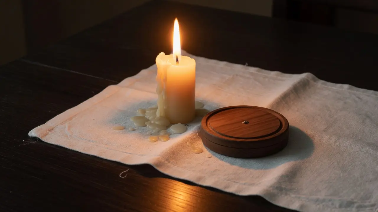 Vela encendida sobre un paño de lino blanco en una mesa oscura, luz muy suave, un pequeño objeto redondo de madera junto a la vela