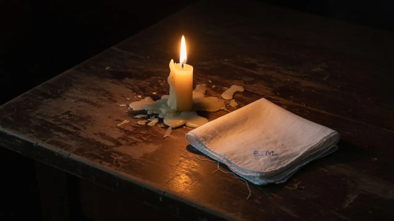 Vela encendida sobre una mesa de madera, luz cálida y tenue en un cuarto oscuro, ambiente íntimo y contemplativo