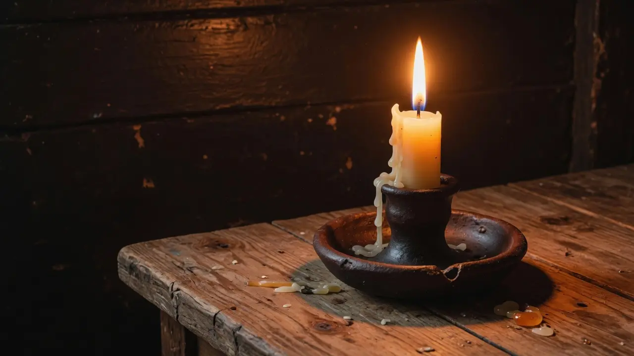 Vela encendida en un portavelas de barro oscuro sobre una mesa de madera rústica, llama tranquila, fondo oscuro y cálido